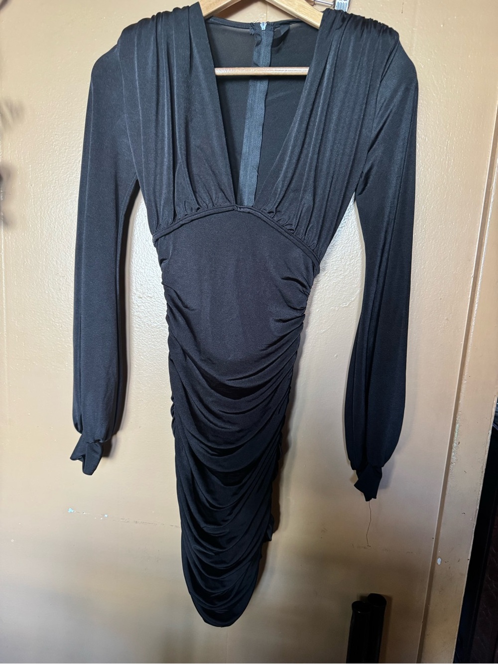 Black Ruched Long-Sleeve V-Neck Dress
